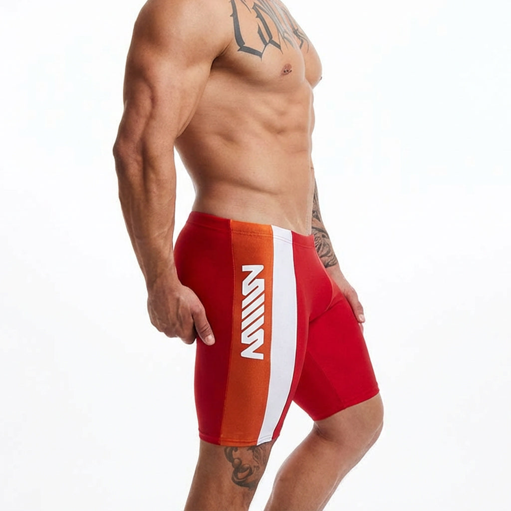 Red and orange athletic swim boxer with white stripe and bold mill logo metroMalewear New Jammer Oche 4994-25