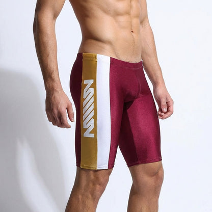 MetroMalewear new jammer swim boxer burgundy maroon and gold athletic shorts with white stripe and z logo