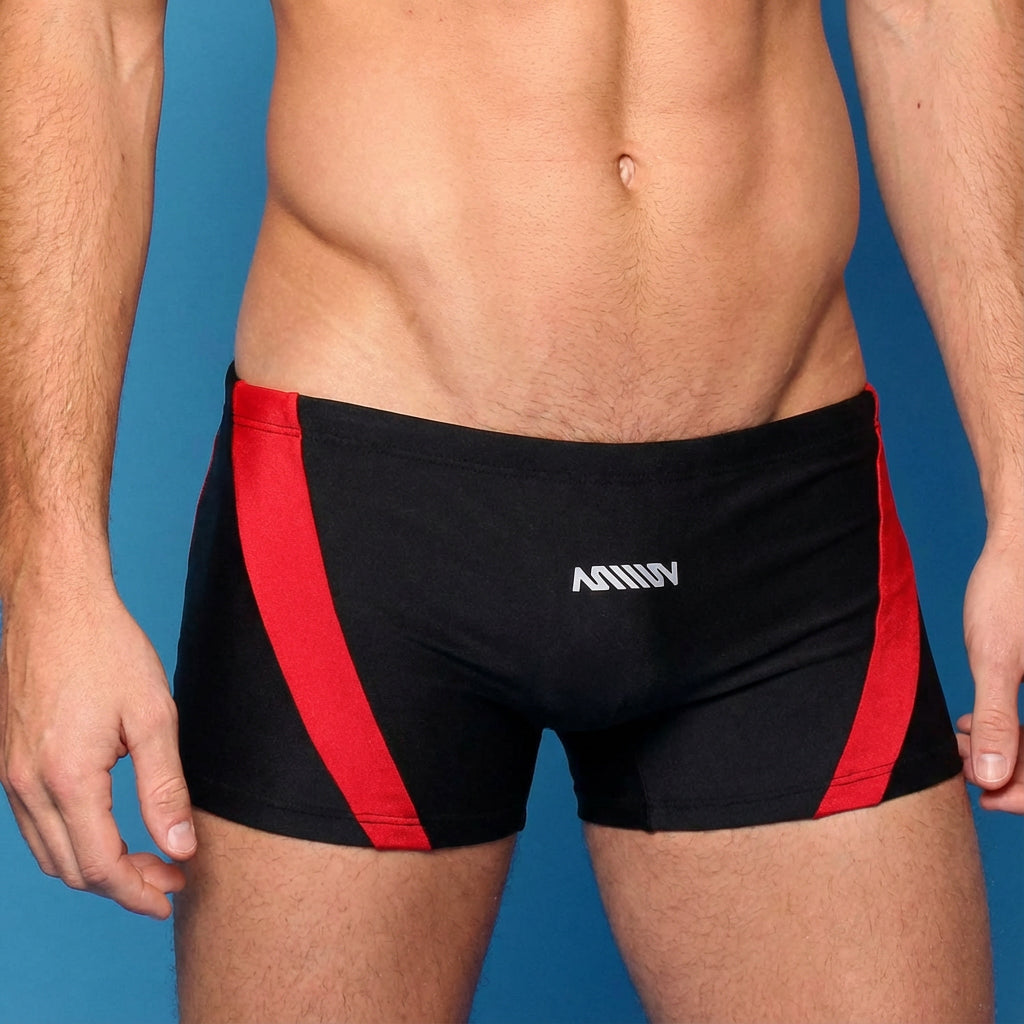 MetroMaleWear ultra square cut black swim trunks with bold red side stripes and white aniiiv logo on front