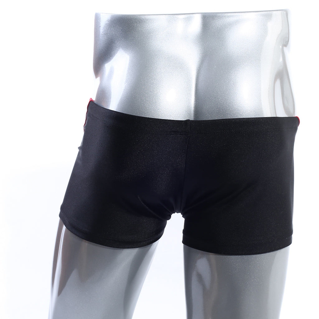 MetroMaleWear Ultra Square Cut black swim trunks with red side seam trim designed for comfortable swimwear use