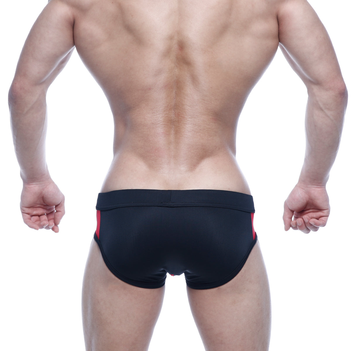 MetroMalewear Alonzo swim brief in black with red side panels designed for comfortable swimwear use