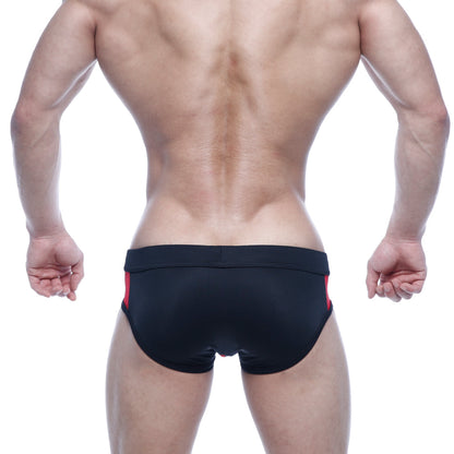 MetroMalewear Alonzo swim brief in black with red side panels designed for comfortable swimwear use