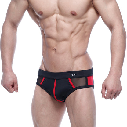 MetroMaleWear Alonzo swim brief red 4997-12 black and red mesh trimmed sleek athletic swim briefs front view