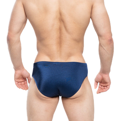 Navy blue satin swim briefs by metromalewear featuring a sleek design for comfortable water use