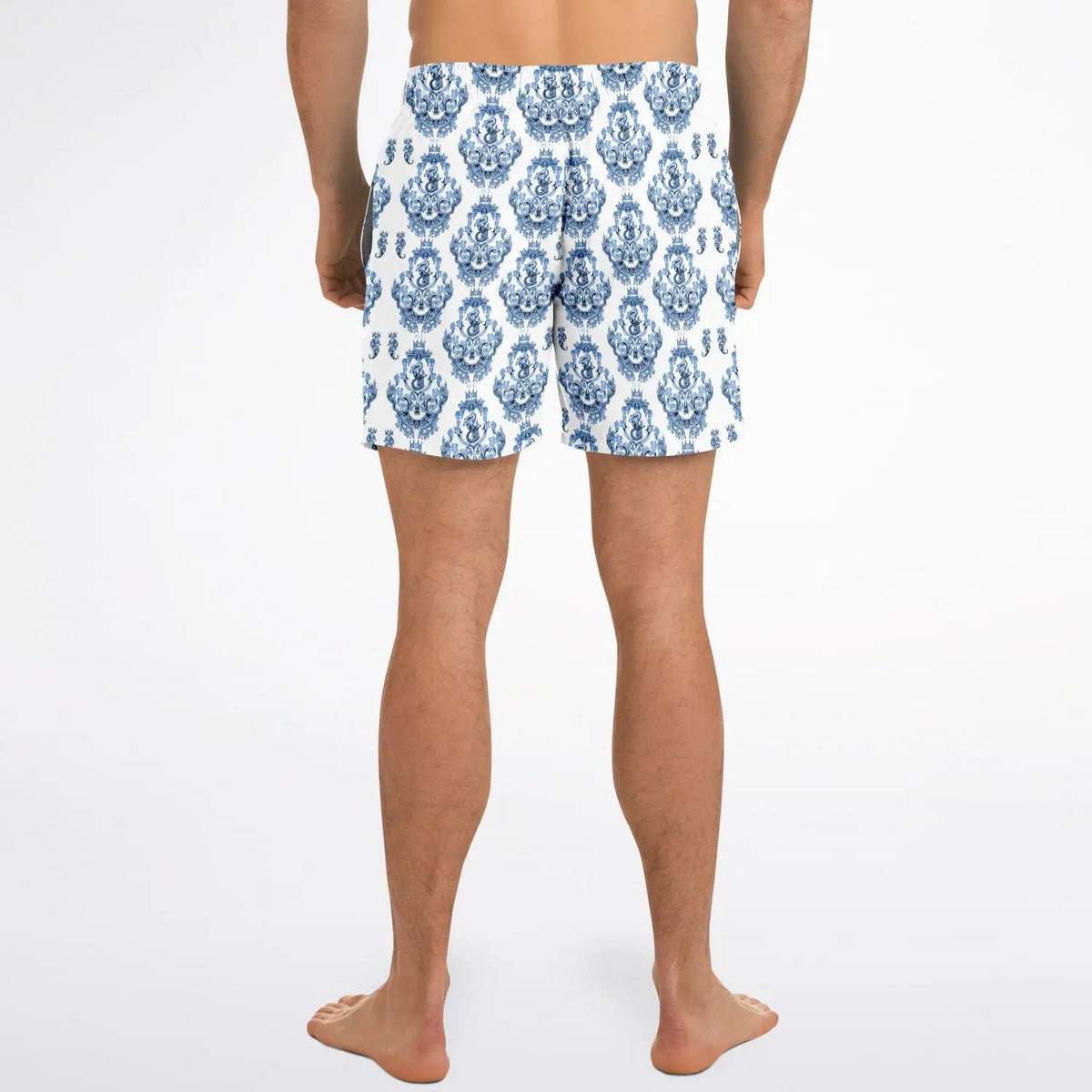 Men's swim shorts in blue and white baroque pattern made by Maris Equi featuring a comfortable fit and elastic waistband.
