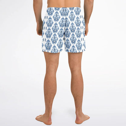 Men's swim shorts in blue and white baroque pattern made by Maris Equi featuring a comfortable fit and elastic waistband.