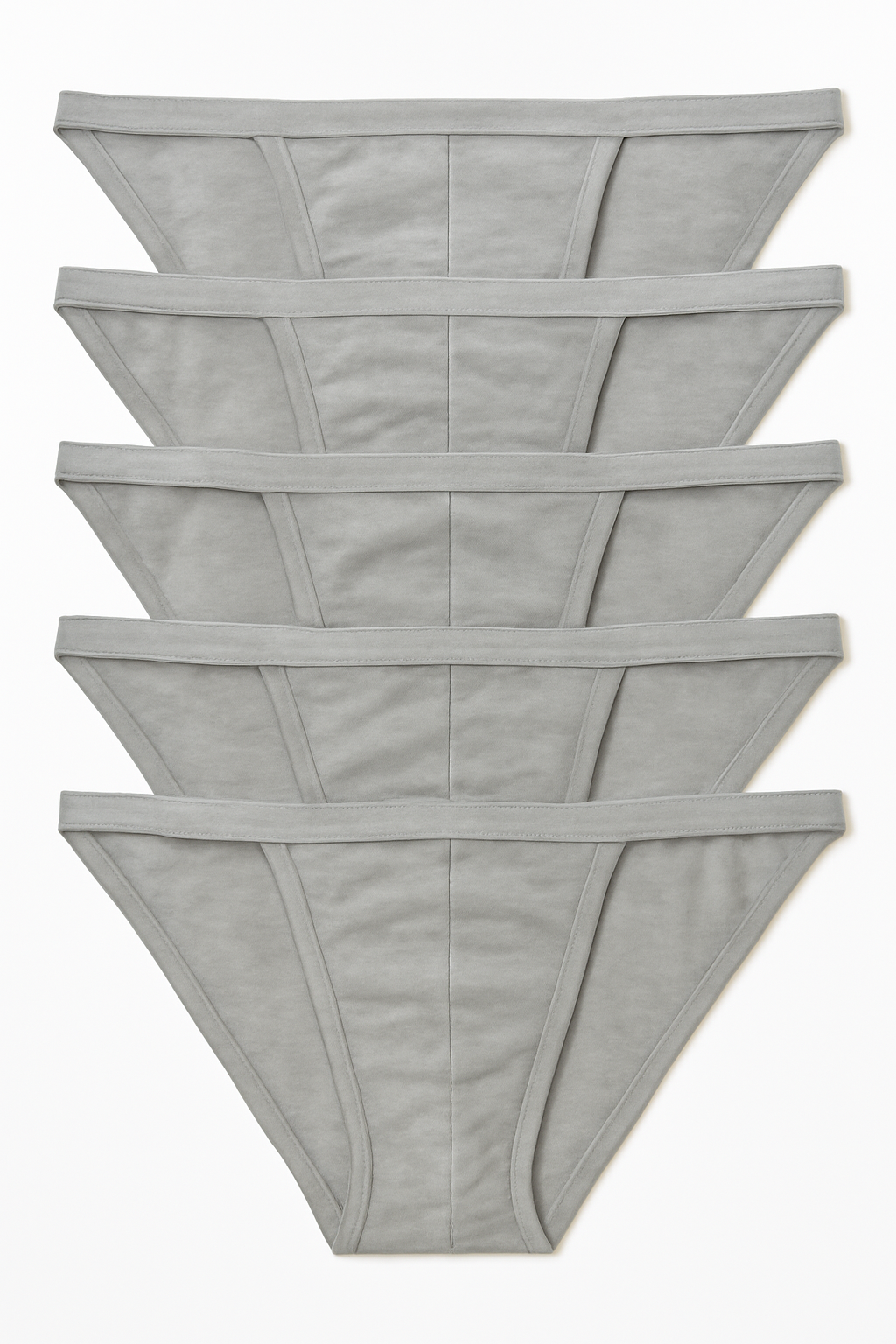 Five pack contour cutaway bikini light gray thong underwear made of 100 percent cotton neatly stacked