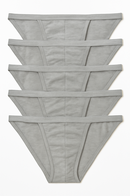 Five pack contour cutaway bikini light gray thong underwear made of 100 percent cotton neatly stacked