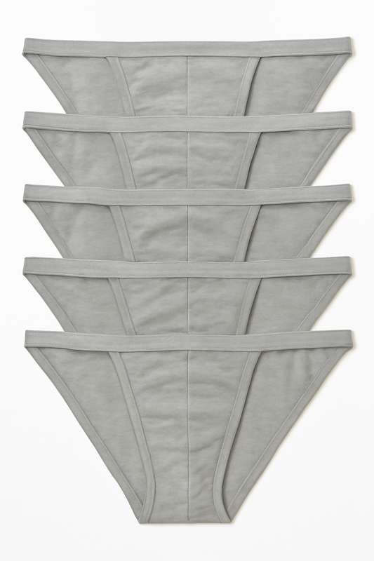 Five pack contour cutaway bikini light gray thong underwear made of 100 percent cotton neatly stacked