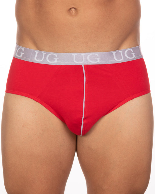 Red briefs with gray waistband featuring ug logo and white center seam in a 5-pack undergear basix brief set