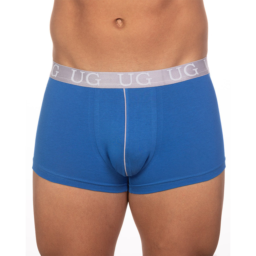 Blue undergear basix trunk underwear with white elastic waistband featuring repeated ug logo in 5-pack set