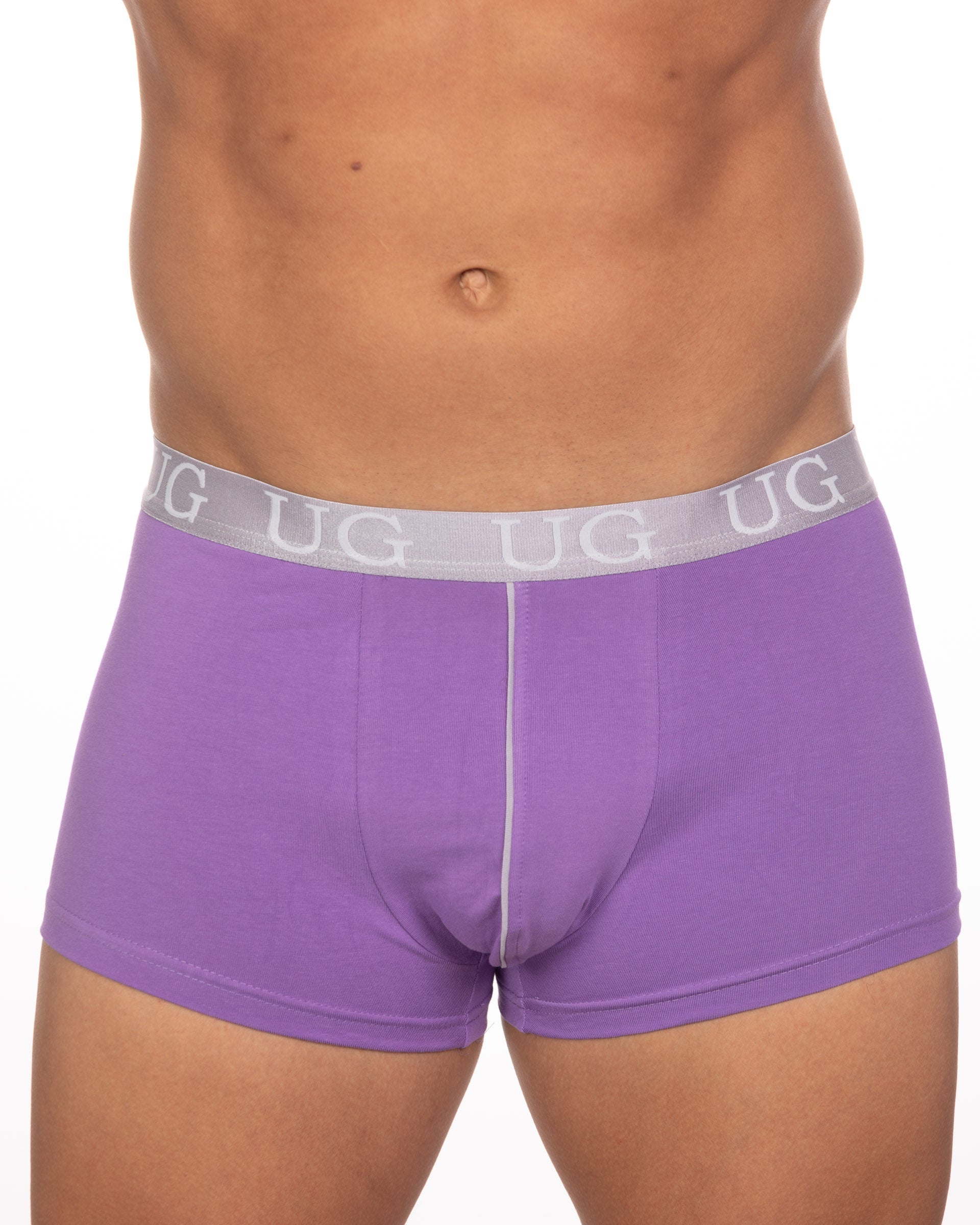 Purple ug brand briefs with gray waistband and white ug logo featured in 5-pack undergear basix trunk collection