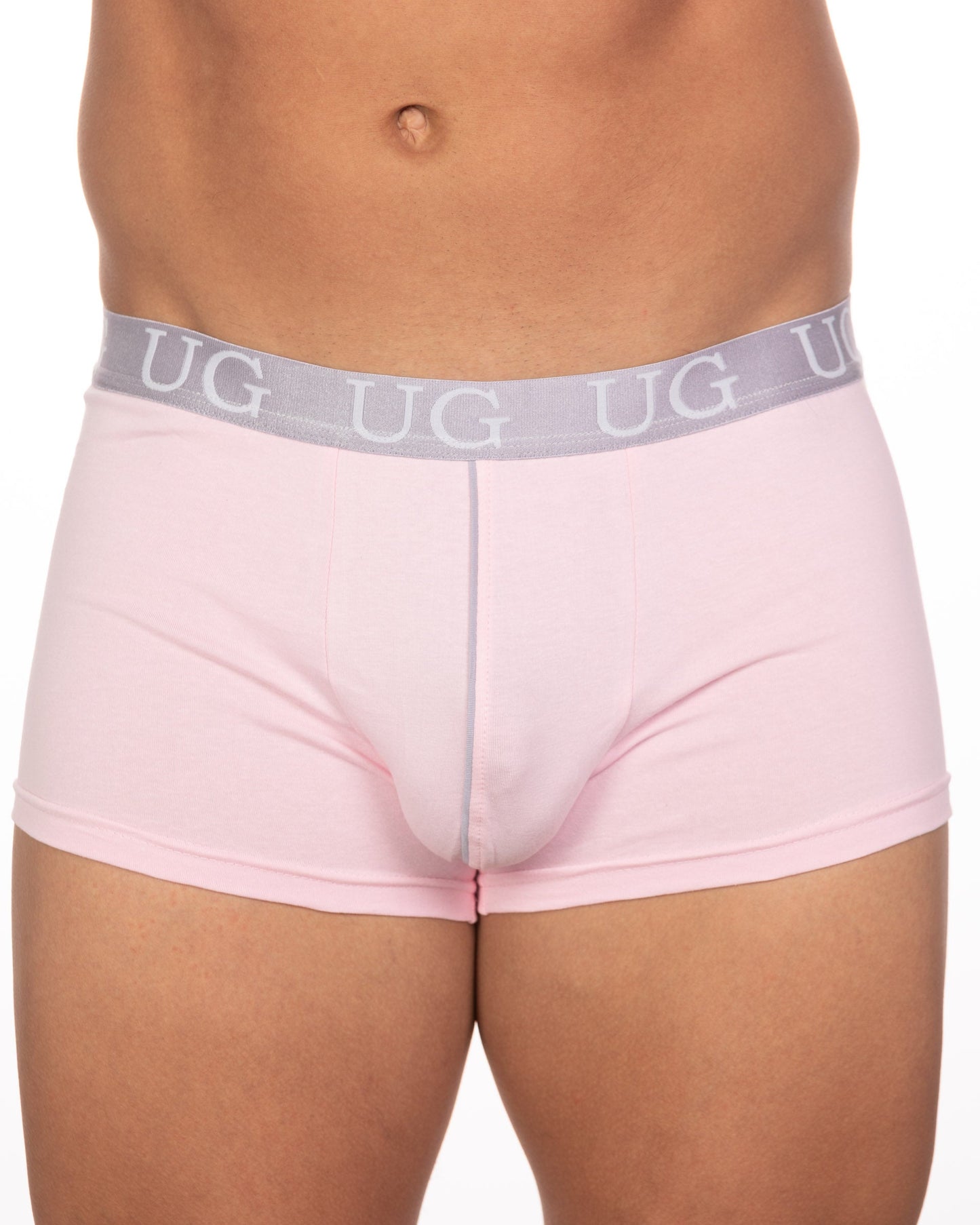 Pink ug brand briefs with gray waistband and repeating ug lettering part of 5 pack undergear basix trunk collection