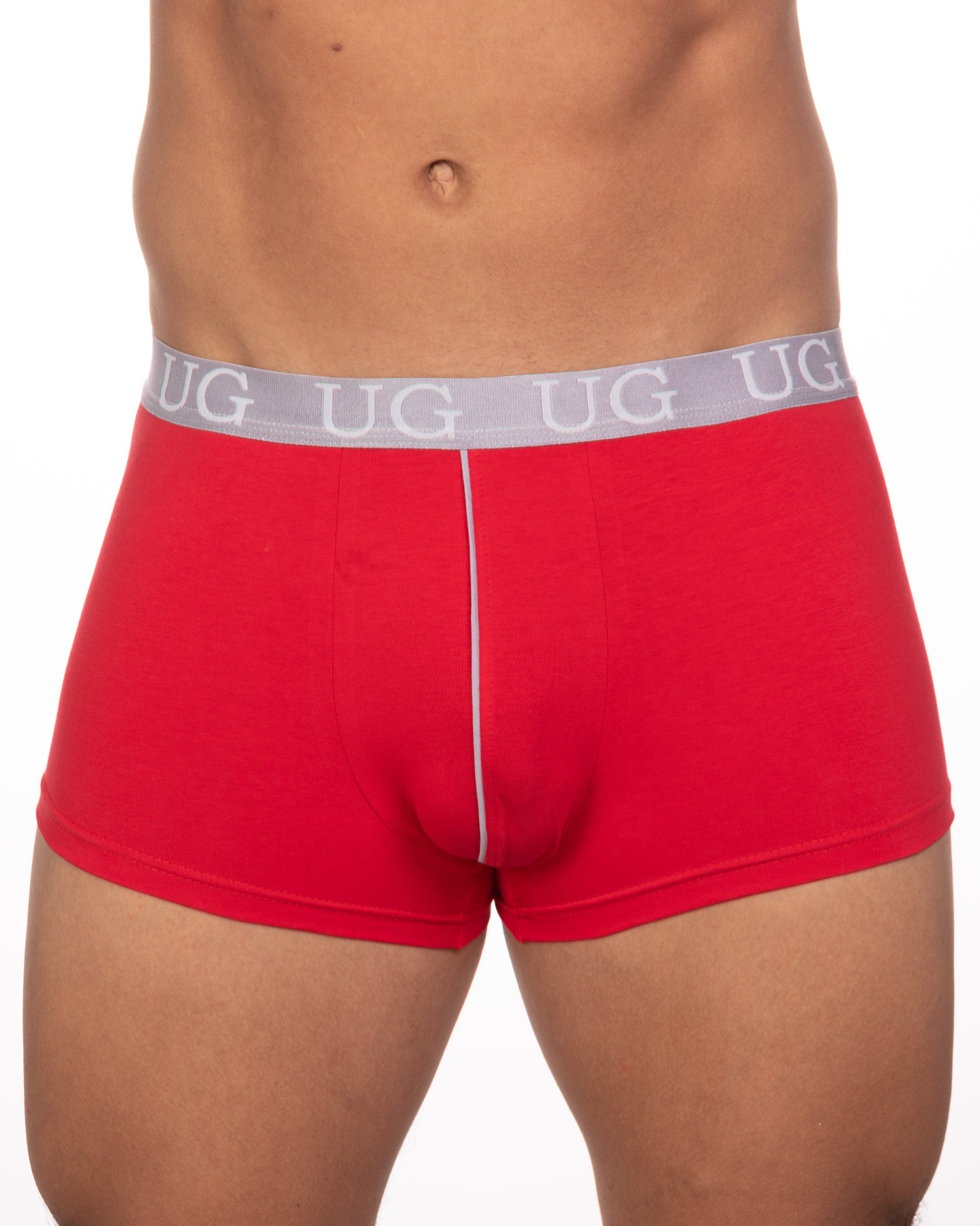 Red undergear basix trunk men’s briefs with gray waistband, ug logo, and white center seam in 5-pack set
