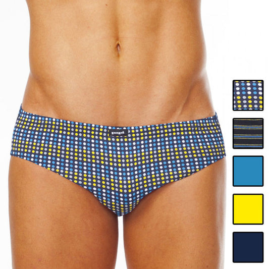 Blue and yellow polka dot men’s briefs with a subtle elastic waistband from papi assorted low rise 5 pack size m