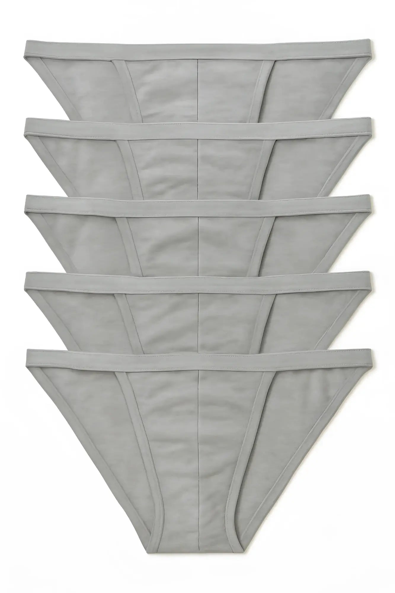 Five pack contour cutaway bikini light gray thong underwear made of 100 percent cotton neatly stacked