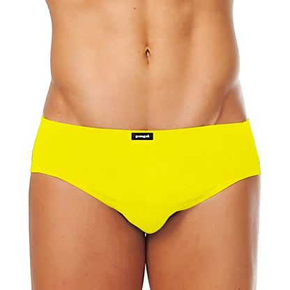 Bright yellow low rise briefs with black brand tag at waistband from papi assorted conventional 5 pack size m
