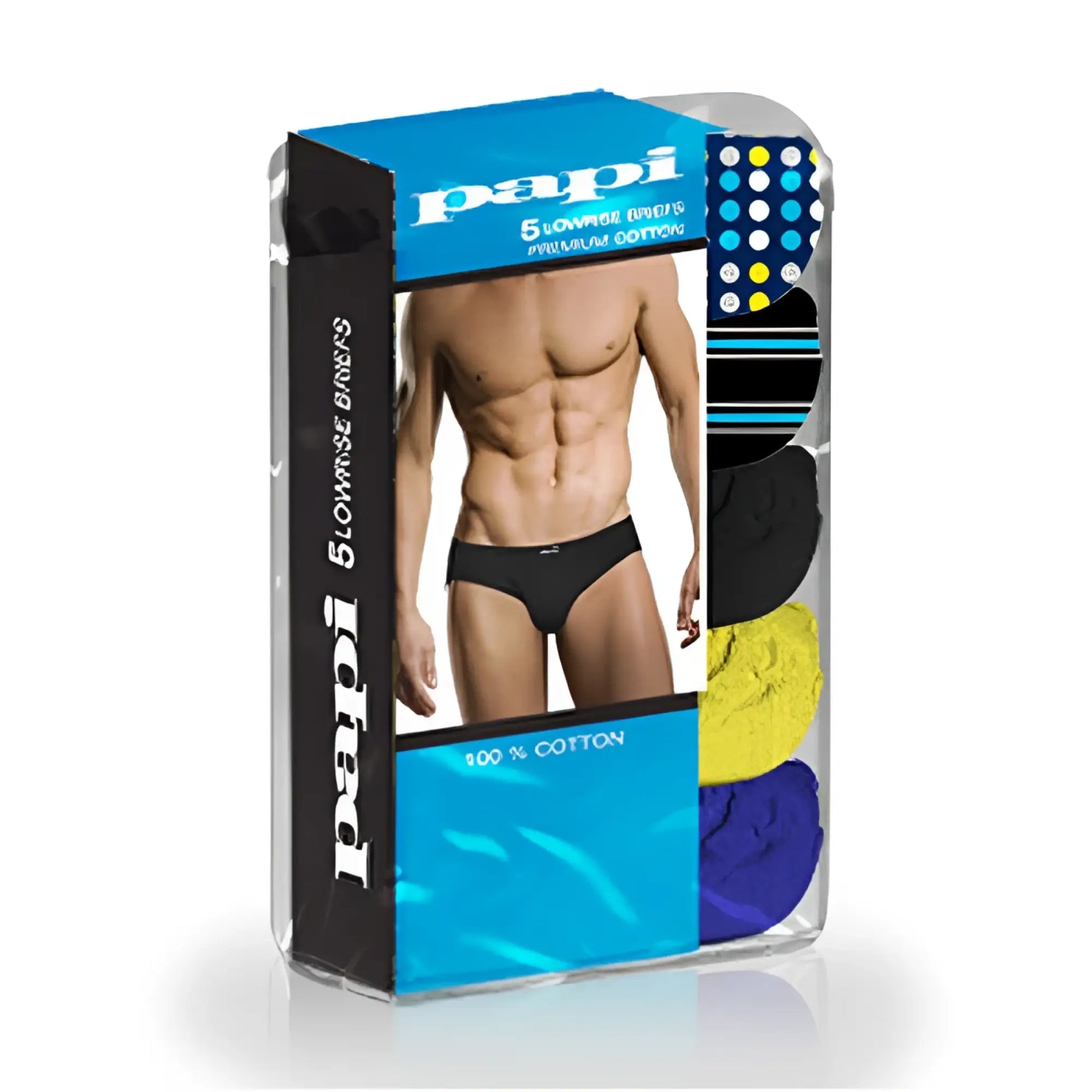 5 pack papi assorted low rise briefs in black yellow and blue made of premium cotton for men size m