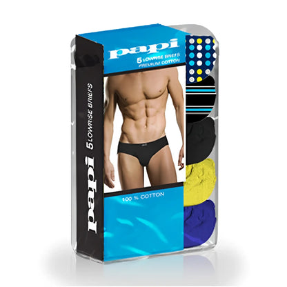 5 pack papi assorted low rise briefs in black yellow and blue made of premium cotton for men size m