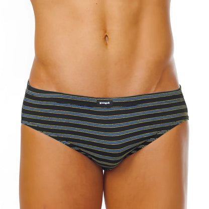 Black and blue striped men’s low rise briefs with green accent and papá brand label in size medium from papi 5 pack