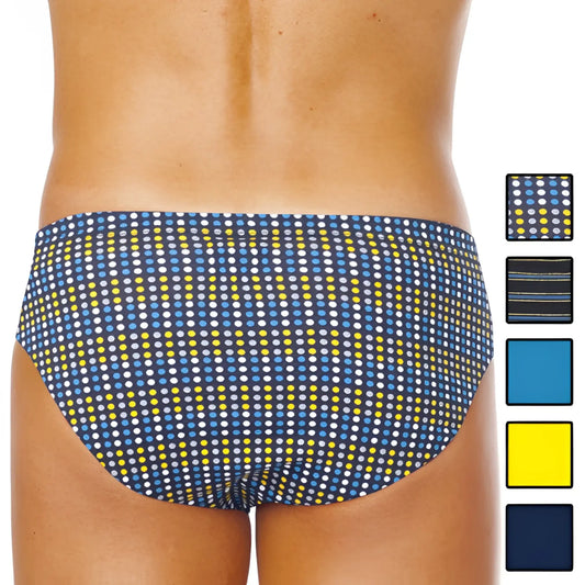 Blue and yellow polka dot swim trunks with dark navy base from papi assorted conventional low rise brief underwear pack size m