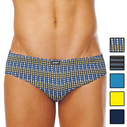Blue and yellow polka dot men’s briefs with a subtle elastic waistband from papi assorted low rise 5 pack size m