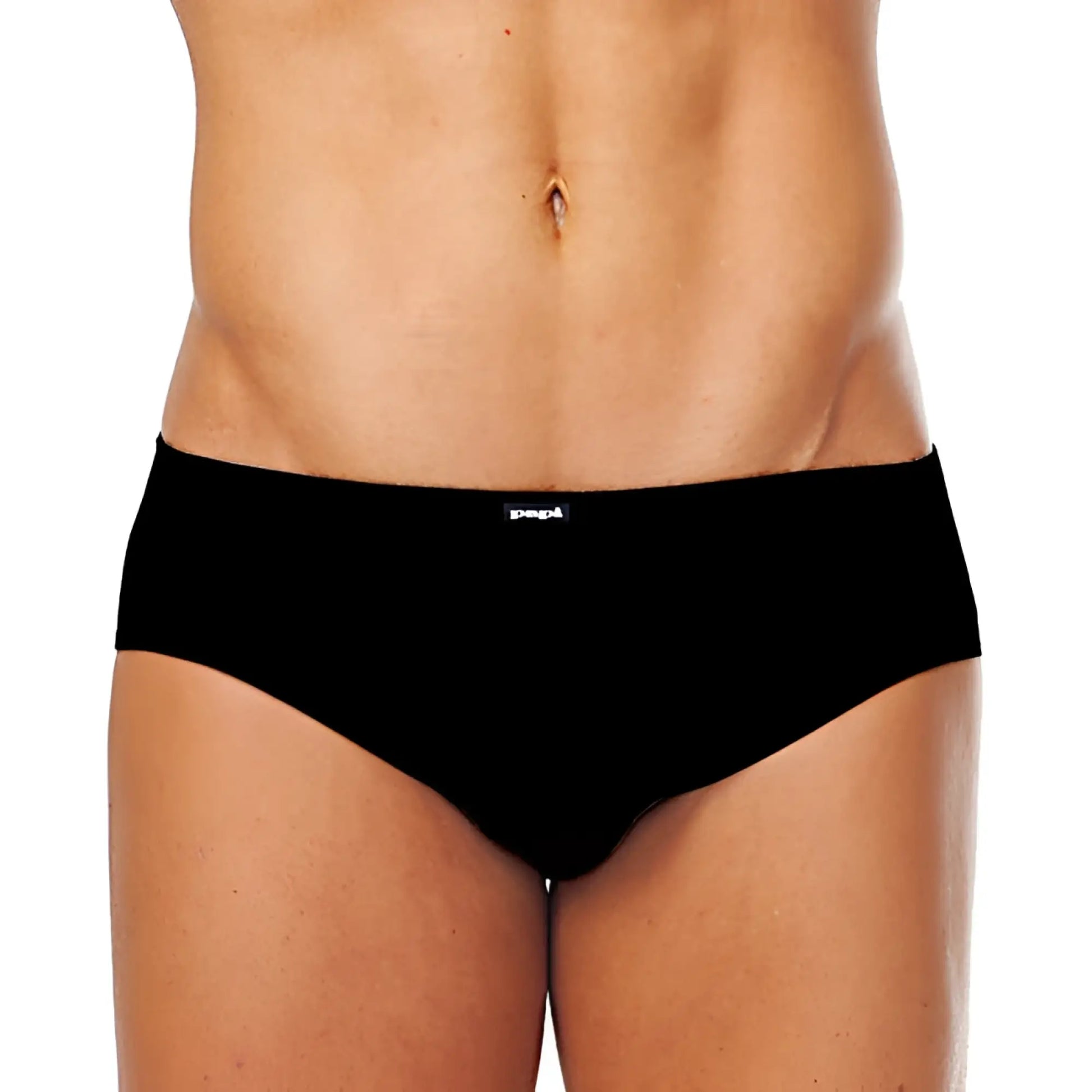 Black low rise briefs with sleek design and pepl logo on waistband from 5 pack papi assorted underwear size m