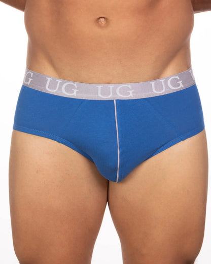 Blue ug men’s briefs with gray waistband and white ug lettering in 5-pack undergear basix brief set