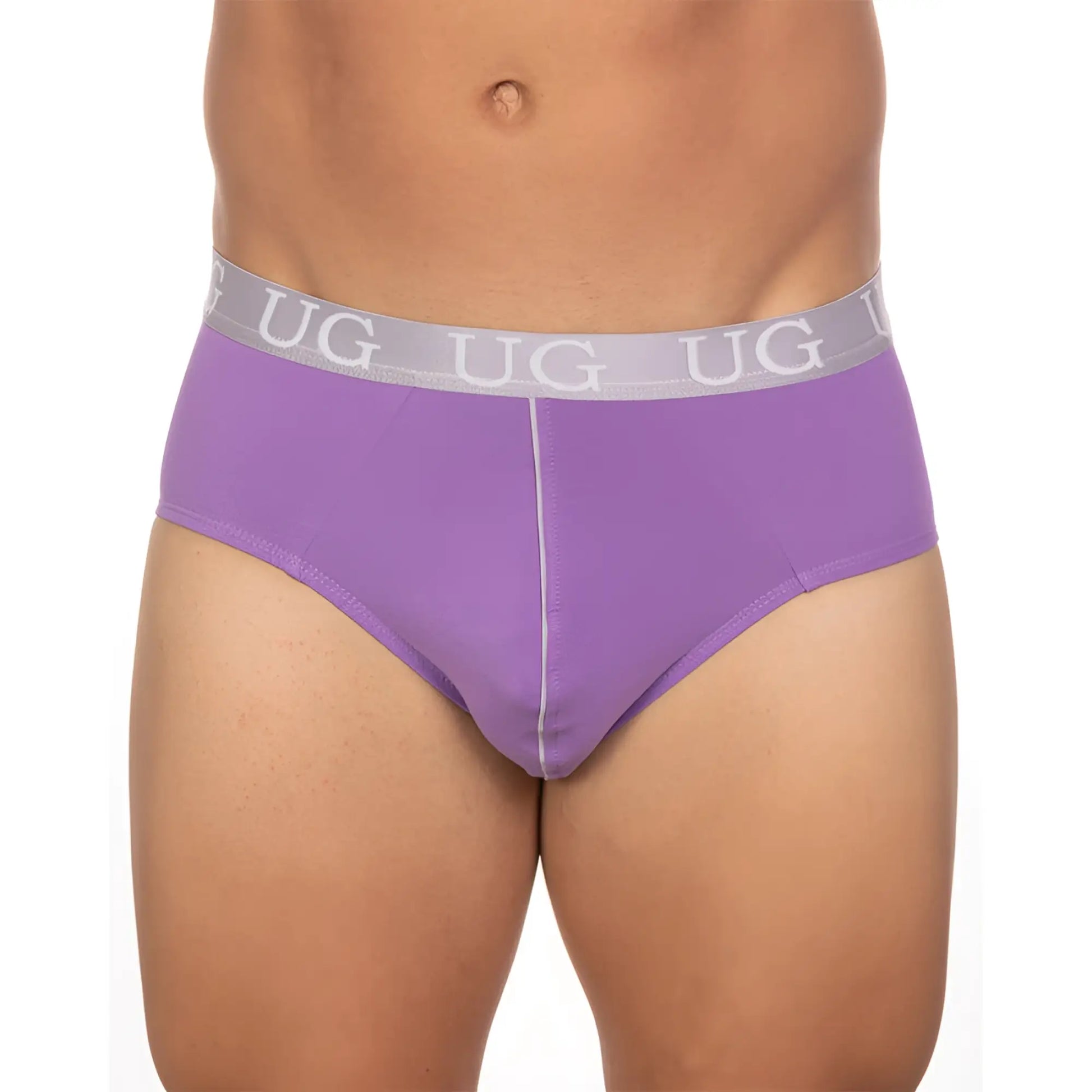 Purple undergear basix brief with gray waistband and white ug logo in 5-pack underwear set