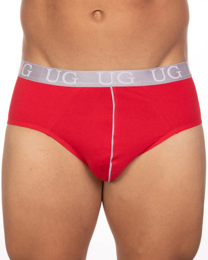 Red briefs with gray waistband featuring ug logo and white center seam in a 5-pack undergear basix brief set