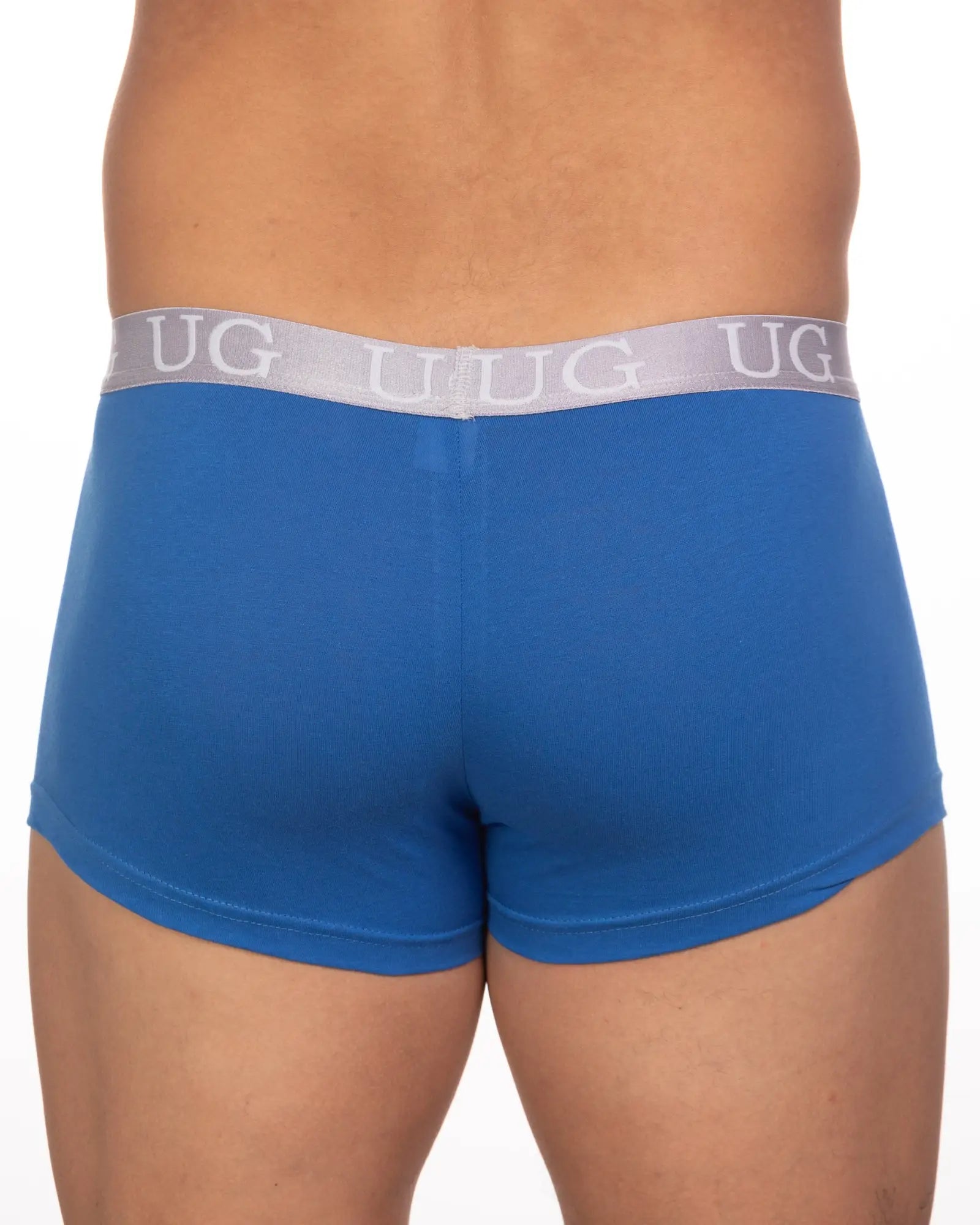 Blue ug brand briefs with gray elastic waistband featuring repeating ug lettering in 5-pack undergear basix trunk