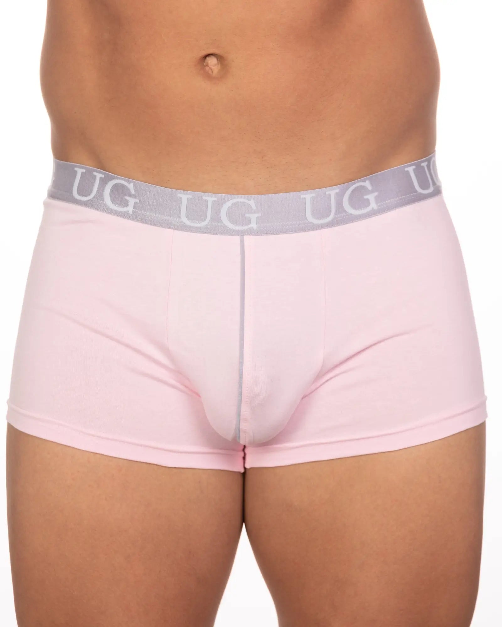 Pink ug brand briefs with gray waistband and repeating ug lettering part of 5 pack undergear basix trunk collection