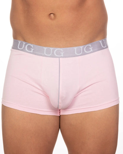 Pink ug brand briefs with gray waistband and repeating ug lettering part of 5 pack undergear basix trunk collection