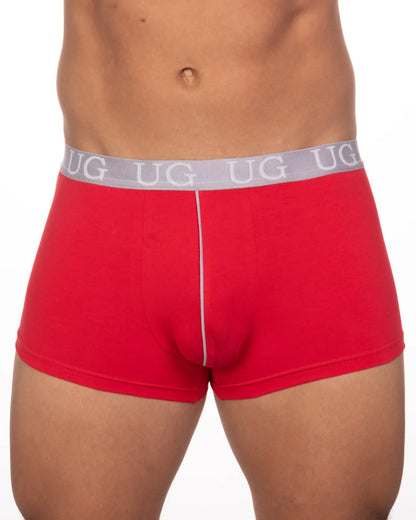 Red undergear basix trunk men’s briefs with gray waistband, ug logo, and white center seam in 5-pack set