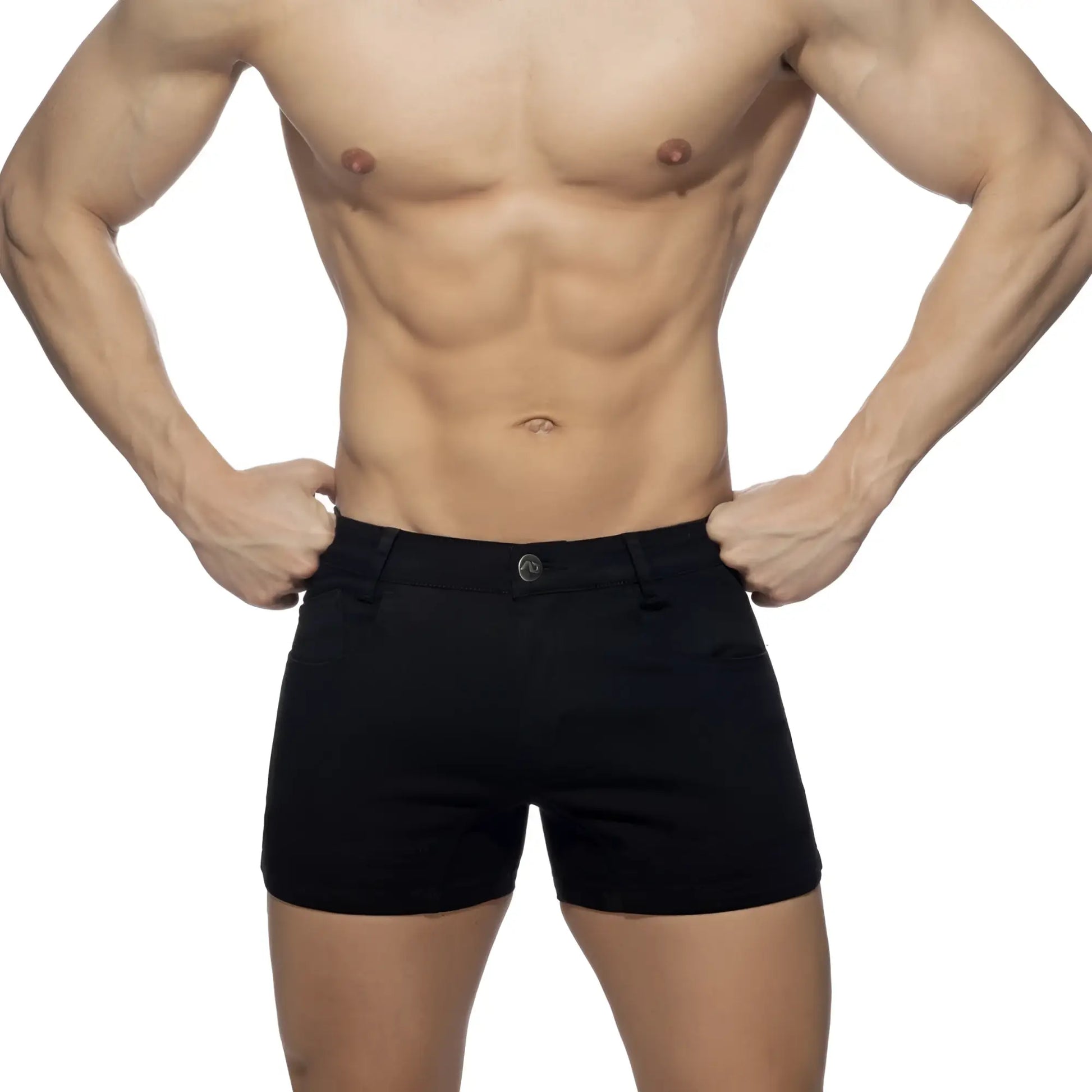 Black men’s 5 pockets summer shorts with a classic tailored fit and single button closure perfect for warm weather