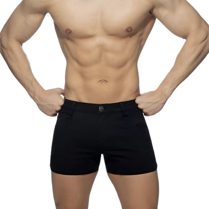 Black men’s 5 pockets summer shorts with a classic tailored fit and single button closure perfect for warm weather