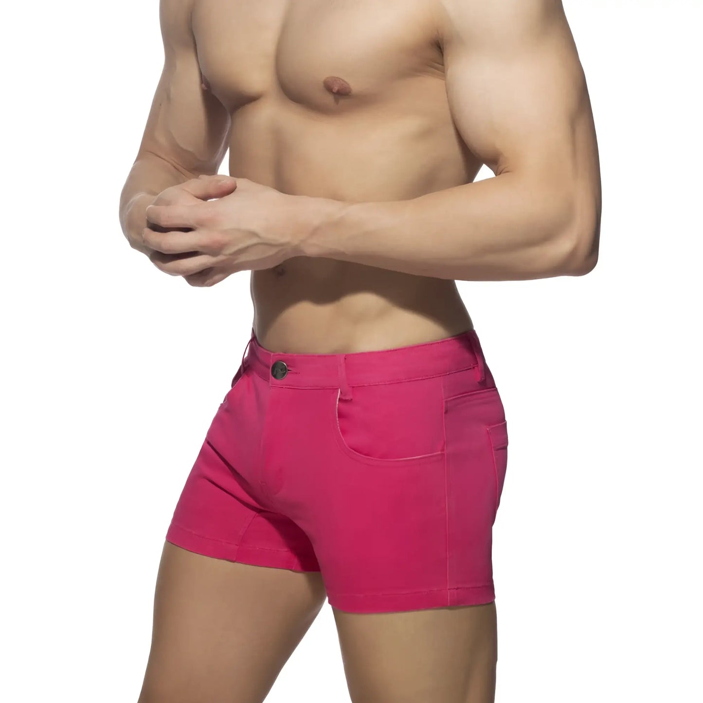 Vibrant fuchsia 5 pockets summer shorts made of durable denim with classic five-pocket design and single button closure