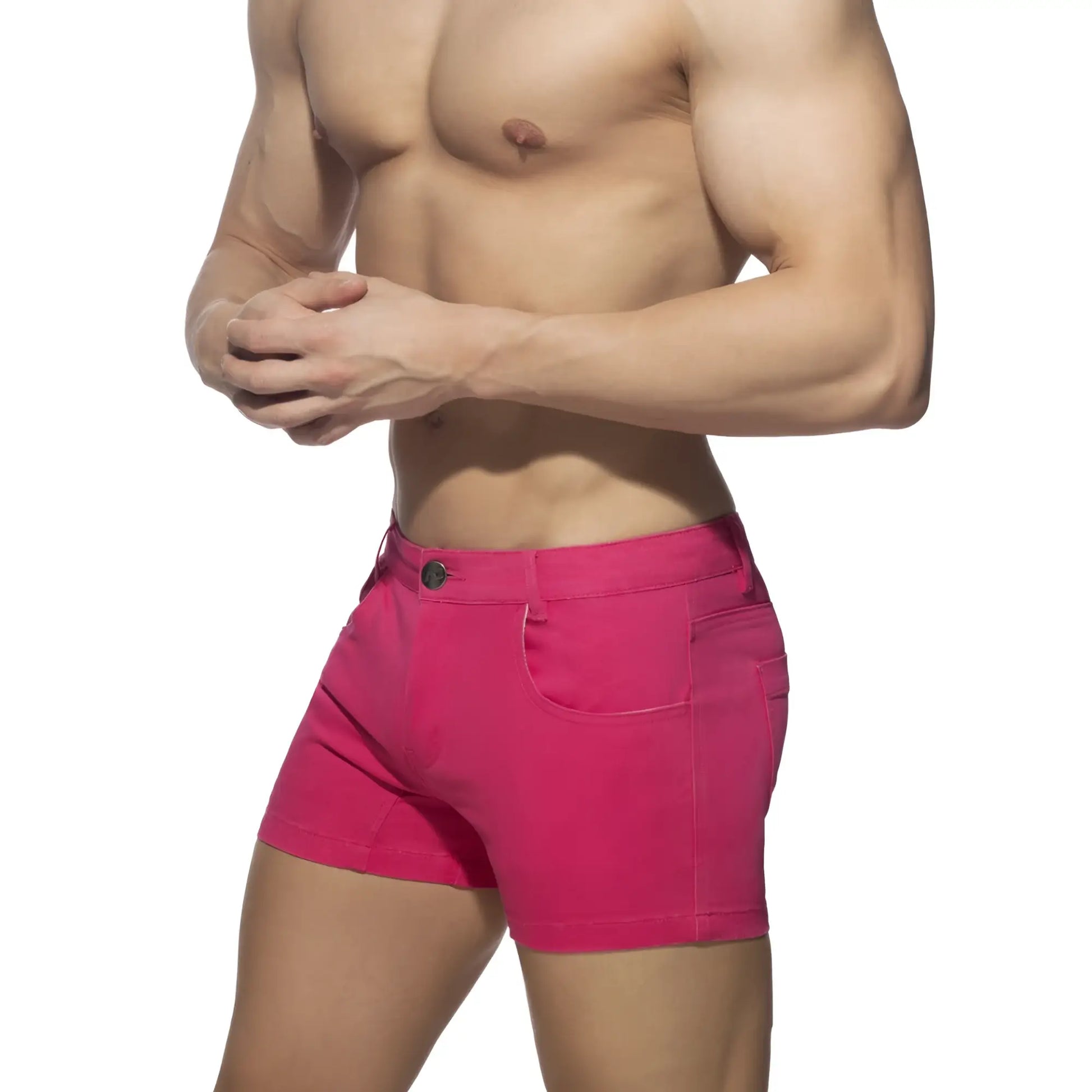 Vibrant fuchsia 5 pockets summer shorts made of durable denim with classic five-pocket design and single button closure