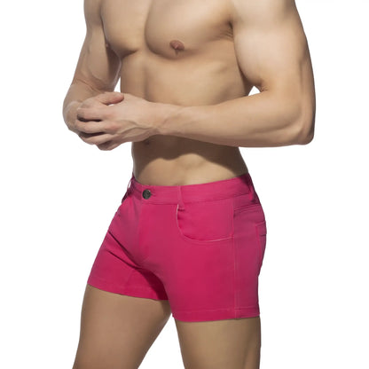Vibrant fuchsia 5 pockets summer shorts made of durable denim with classic five-pocket design and single button closure