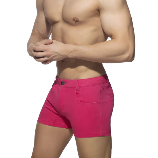 Vibrant fuchsia 5 pockets summer shorts made of durable denim with classic five-pocket design and single button closure