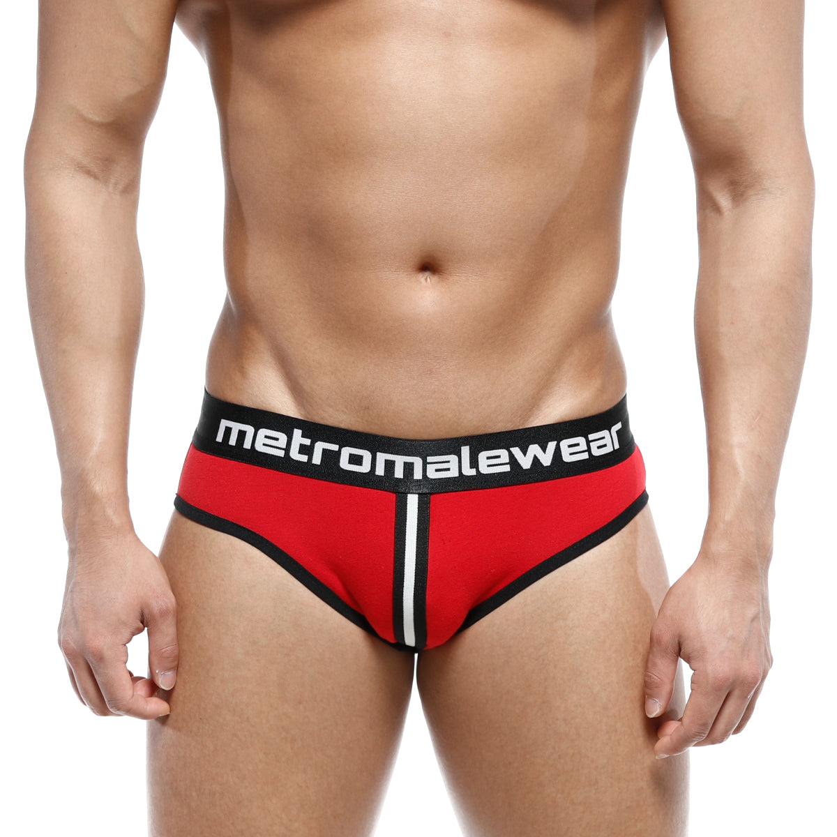 MetroMaleWear Apolo jock strap red 5001-12 in red and black with a white vertical stripe and breathable material