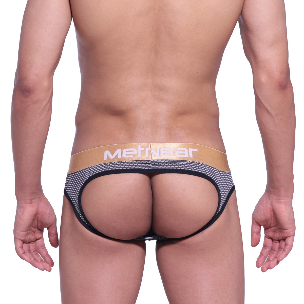Black and gold mesh briefs with metnear logo on waistband metro male wear asian jock honeycomb coffee 5001 83