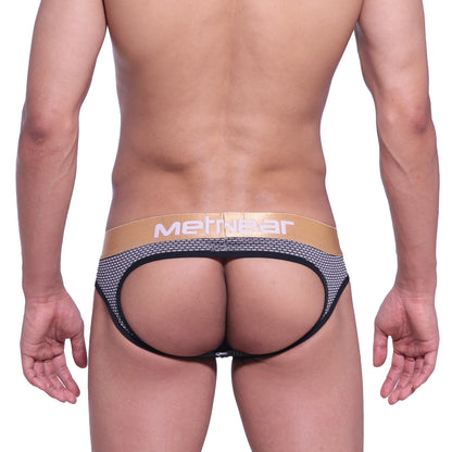 Black and gold mesh briefs with metnear logo on waistband metro male wear asian jock honeycomb coffee 5001 83