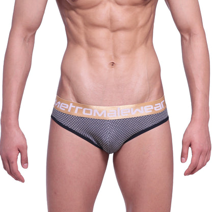Black and gold patterned men’s briefs with branded waistband metroMalewear asian jock honeycomb coffee 5001-83