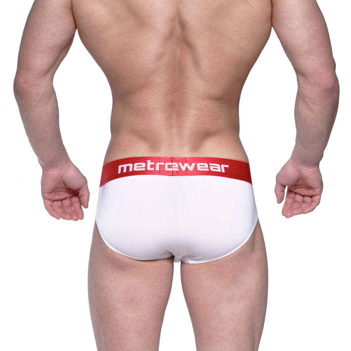 White men’s briefs with a red waistband featuring the metrewear logo in white metrocalewear benjamin hip brief 5003-02