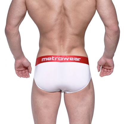 White men’s briefs with a red waistband featuring the metrewear logo in white metrocalewear benjamin hip brief 5003-02