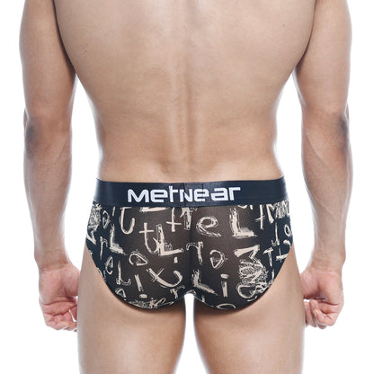 Black mesh metroMalewear hip briefs with white graffiti lettering and black waistband featuring mertnear brand name
