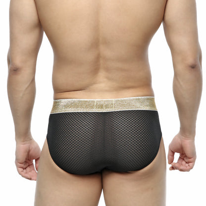 MetroMaleWear luxury hip brief black mesh with a shimmering gold waistband for stylish and comfortable wear