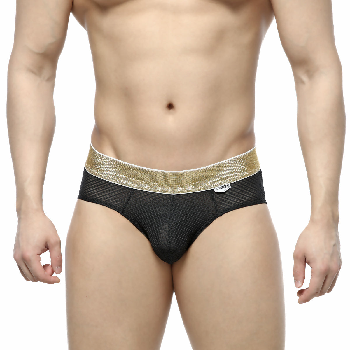 MetroMalewear luxury hip brief in black mesh with a shimmering gold waistband for stylish comfort
