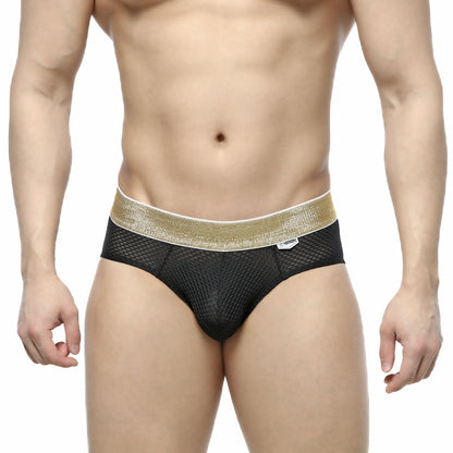 MetroMalewear luxury hip brief in black mesh with a shimmering gold waistband for stylish comfort